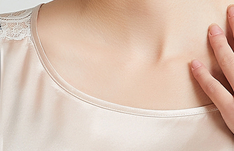 19 Momme Silk Female Spring And Summer Round Neck Lace Sexy And Elegant Adjustable Waist Light Apricot Short-Sleeved Nightdress
