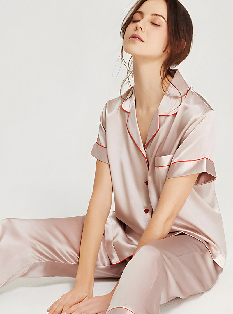 19 Momme Ladies Summer Multicolor Contrast Small Lapel Button Soft And Comfortable Short Sleeve Pants Pajama Two Piece Set