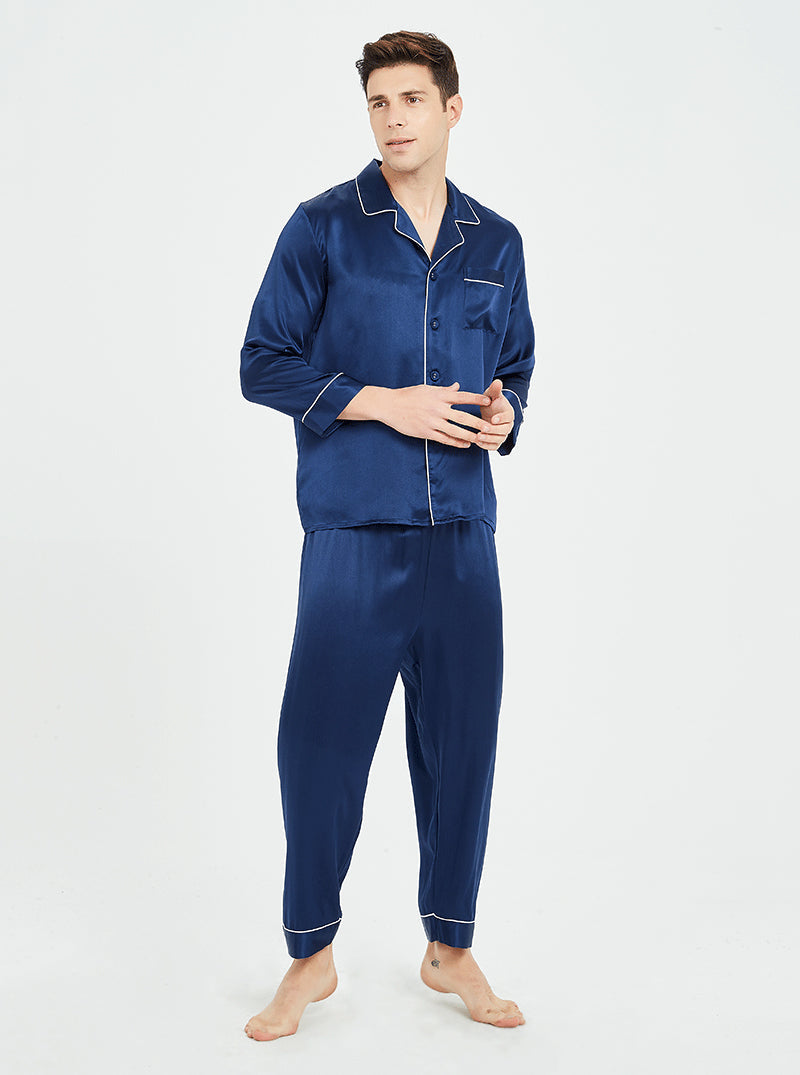 19 Momme Silk Spring And Autumn Male Small Lapel Comfortable And Breathable Classic Version Solid Color Long-Sleeved Trousers Pajamas Two-Piece Set