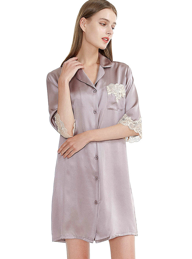 Summer Silk Female Small Lapel Noble Luxury Loose Mature Solid Color Mid-Sleeve Lace Nightdress