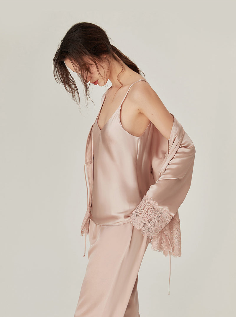Silk Spring Female V Collar Lazy Retro Matching Pajamas Lace Stitching Three-Piece Set