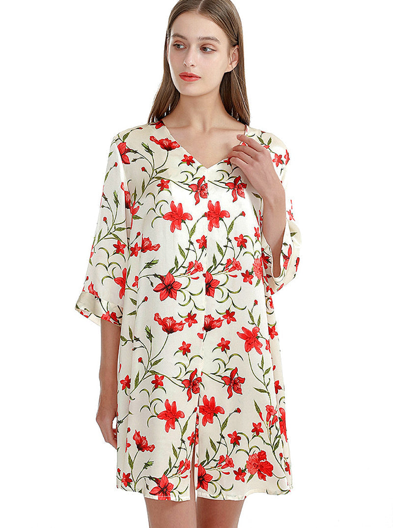 Silk Multicolor Summer Female V-Neck Sexy Casual Simple Solid Color Printed Mid-Sleeve Nightdress
