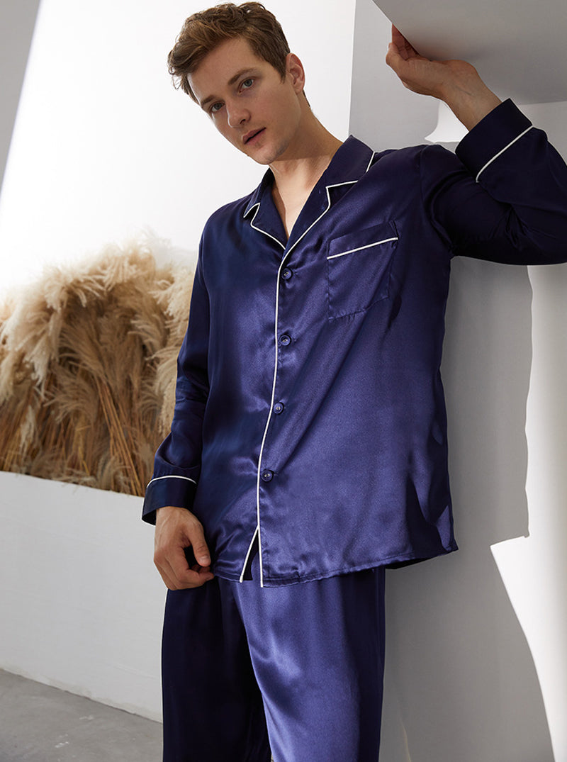 Spring And Summer 16 Momme Silk Male Small Lapel Solid Color Edge Contrast Color Line Simple Long-Sleeved Trousers Two-Piece Pajamas