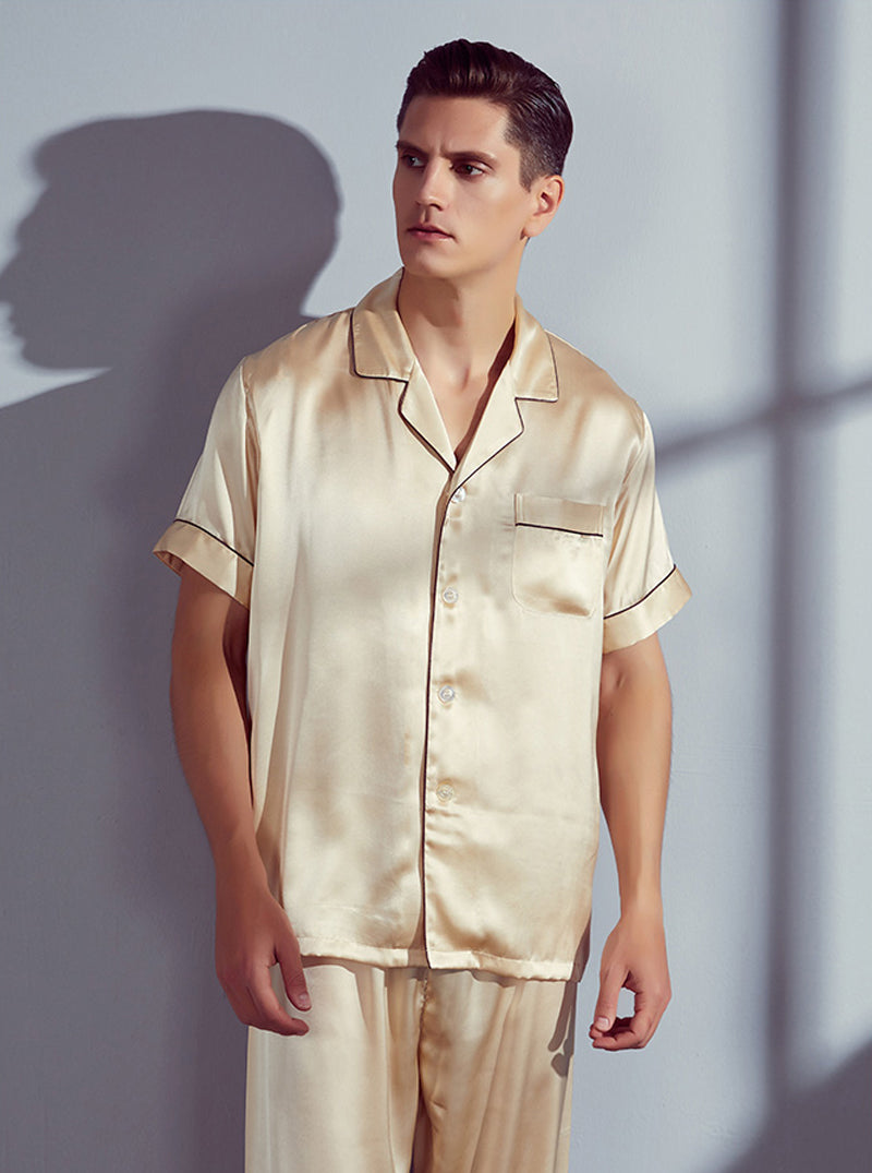 Silk Summer Male Small Lapel Comfortable Fashion Textured Multicolor Short Sleeve Pajamas Two-Piece Set