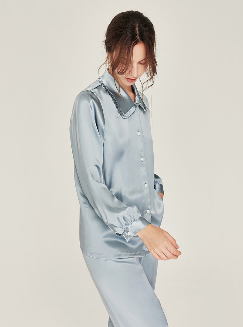 Silk Matching Pajamas Autumn Female Cute Ruffle Doll Collar Simplicity Pure Color Long Sleeve Two-Piece Set