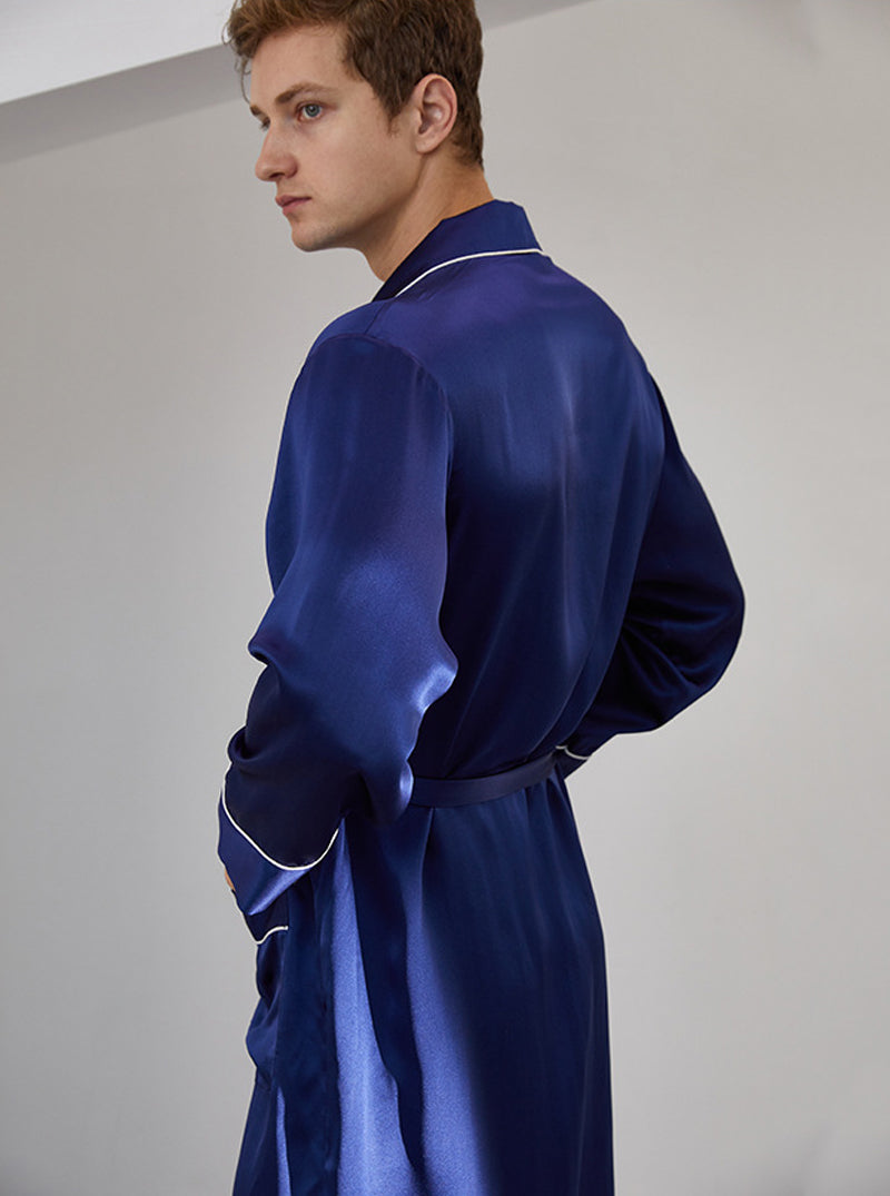 Suit Collar 19 Momme Silk Male Spring Summer Fashion High-End Solid Color Long-Sleeved Long Night-Robe