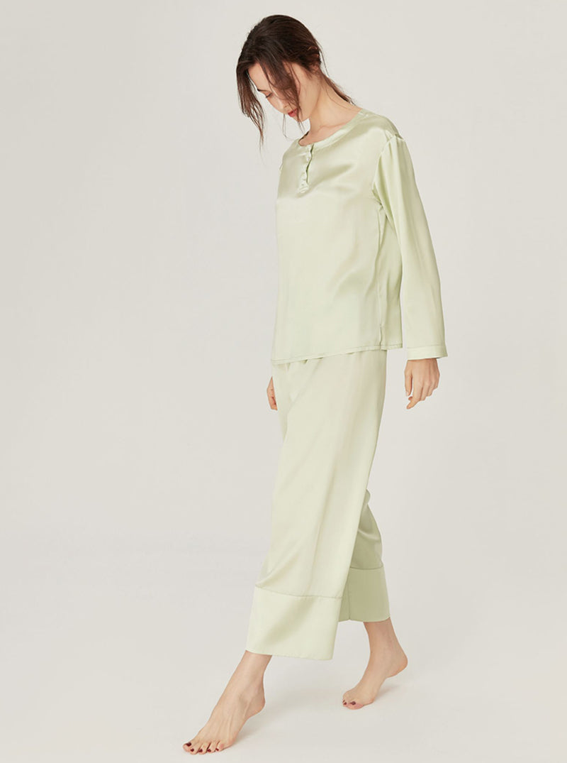 Silk Spring Summer Simplicity Round Collar Matching Pajamas Small Split Hem Long Sleeve Two-Piece Set Female