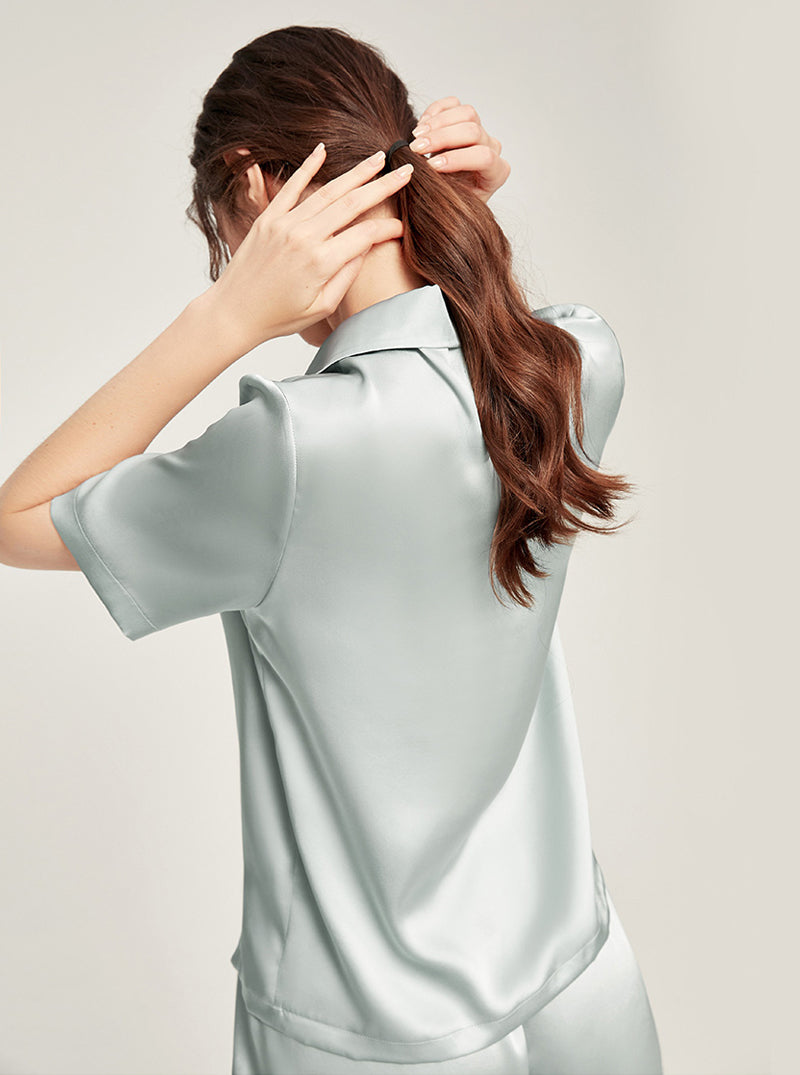 Silk summer Female small lapel simple youth fashion generous refreshing cool solid color short-sleeved two-piece pajamas