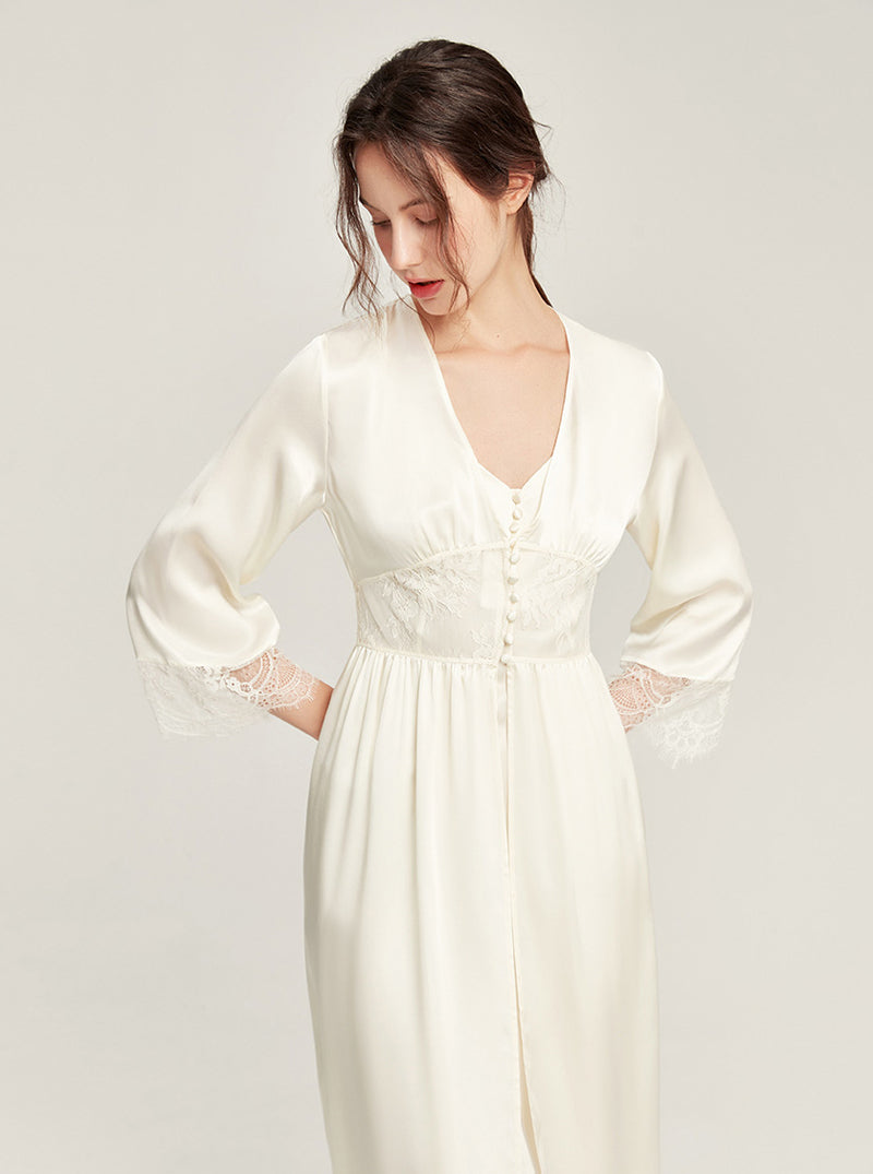 Silk Spring And Autumn Female V-Neck Waist Lace Long-Sleeved Sexy High-End Retro Elegant French Solid Color Pajamas