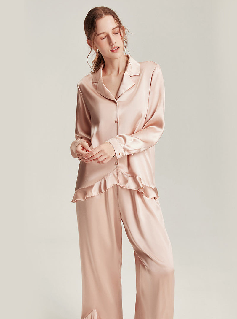 Solid Light Color Female Silk Autumn Shirt Collar Comfortable Breathable Ruffles Simple Basic Long Sleeve Pants Two Piece Pajamas