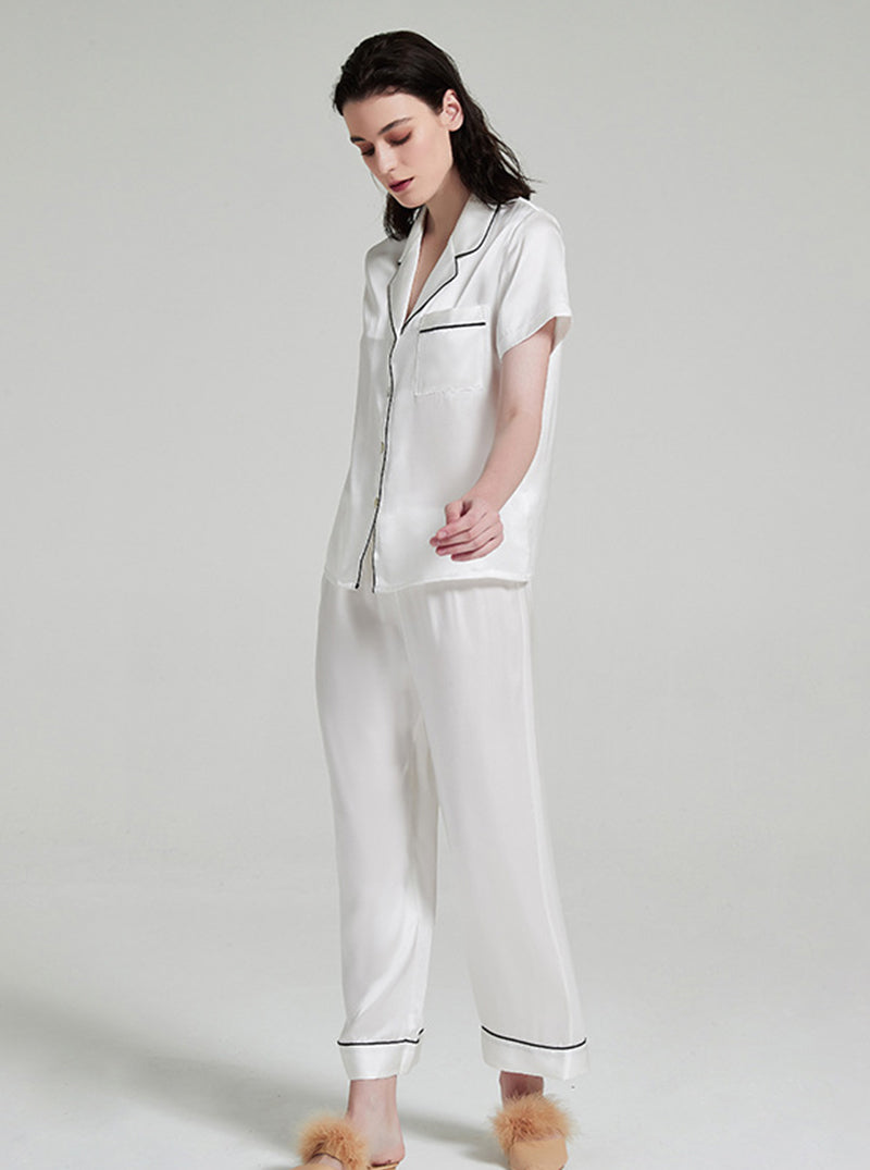 Suit Collar 19 Momme Silk Female Summer Multiple Colors Simple Classic Comfortable Short Sleeve Pants Pajamas Two Piece Set