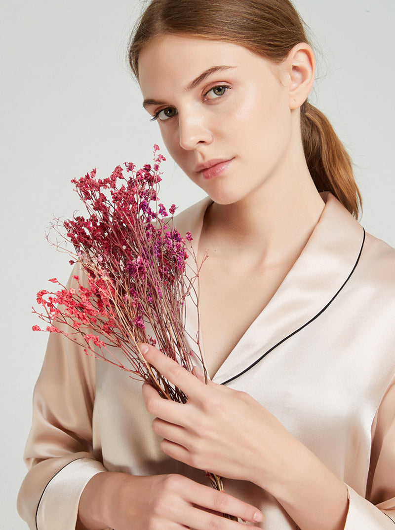 Spring 19 Momme Silk Small Lapel Female Elegant Simple Light Color Long Sleeve Pants Two Piece Pajamas