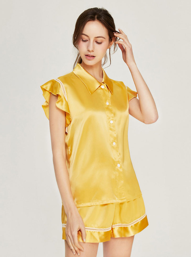 Silk Matching Pajamas Female Summer Simplicity Shirt Collar Lapel Lace Hollow Splicing Ruffle Small Flying Sleeve Top Shorts Two-Piece Set