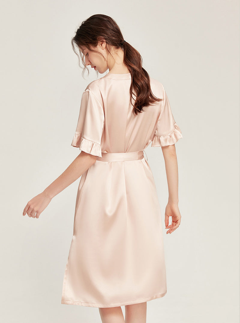 Female Summer 19 Momme Pure Color Silk Buttons V Collar Split Hem Ruffle Short Sleeve Medium Length Night-Robe