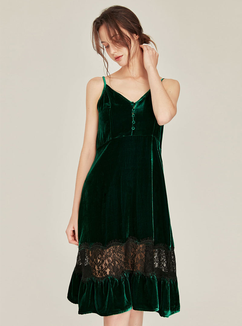 Autumn Winter Silk Velvet Female Medium Length Matching Pajamas V Collar Lace Stitching Hem Slim Sling Nightdress And Night-Robe Set