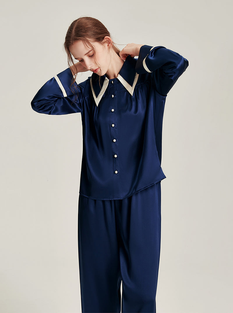 Silk Female Autumn Lapel Stitching Design Simple Fashion Soft Breathable Comfortable Long Sleeve Pajamas Two Pieces Of Solid Color
