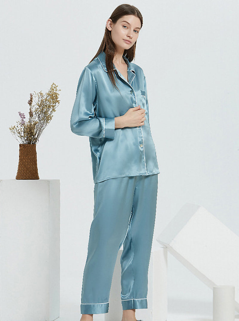 Silk Spring And Autumn Female Suit Collar Simple Fashion Classic Long Sleeve Pants Pajamas Two-Piece Set