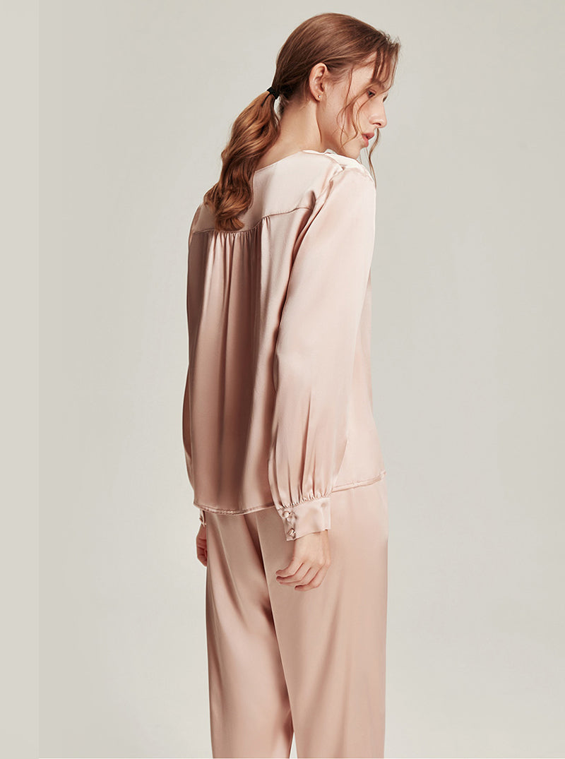 Simple V-Neck Silk Hideyoshi Female High-End Comfortable Solid Color Long-Sleeved Trousers Pajamas Two-Piece Set