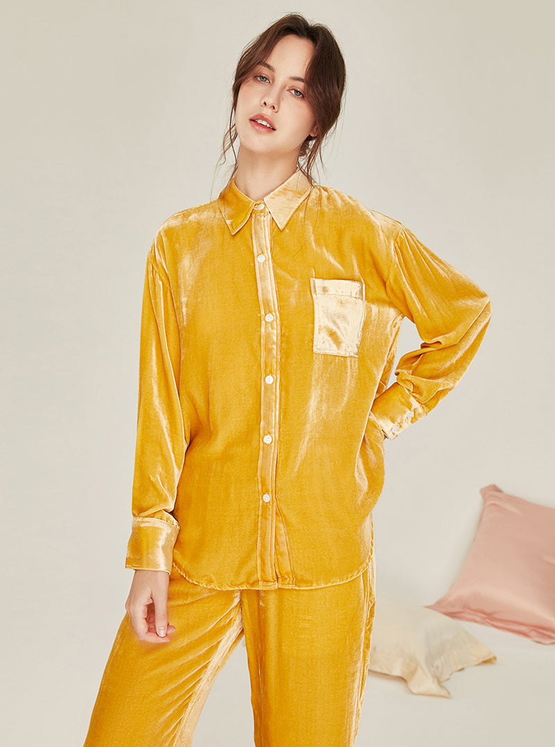 Velvet Multicolor Female Autumn And Winter Shirt Collar High Fashion Warm Chic Retro Long Sleeve Pajamas Two Piece Set