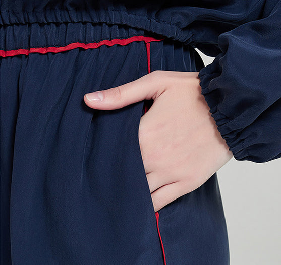 19 Momme Silk Navy Blue Spring And Autumn Female Round Neck Sand Wash Soft Loose Long-Sleeved Trousers Pajamas Two-Piece Set