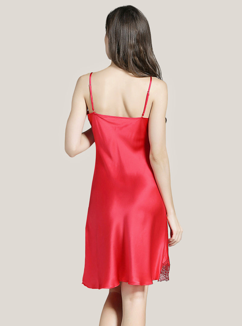 V-Neck Silk Female Summer Adjustable Straps See-Through Lace Sexy Solid Color Suspender Nightdress
