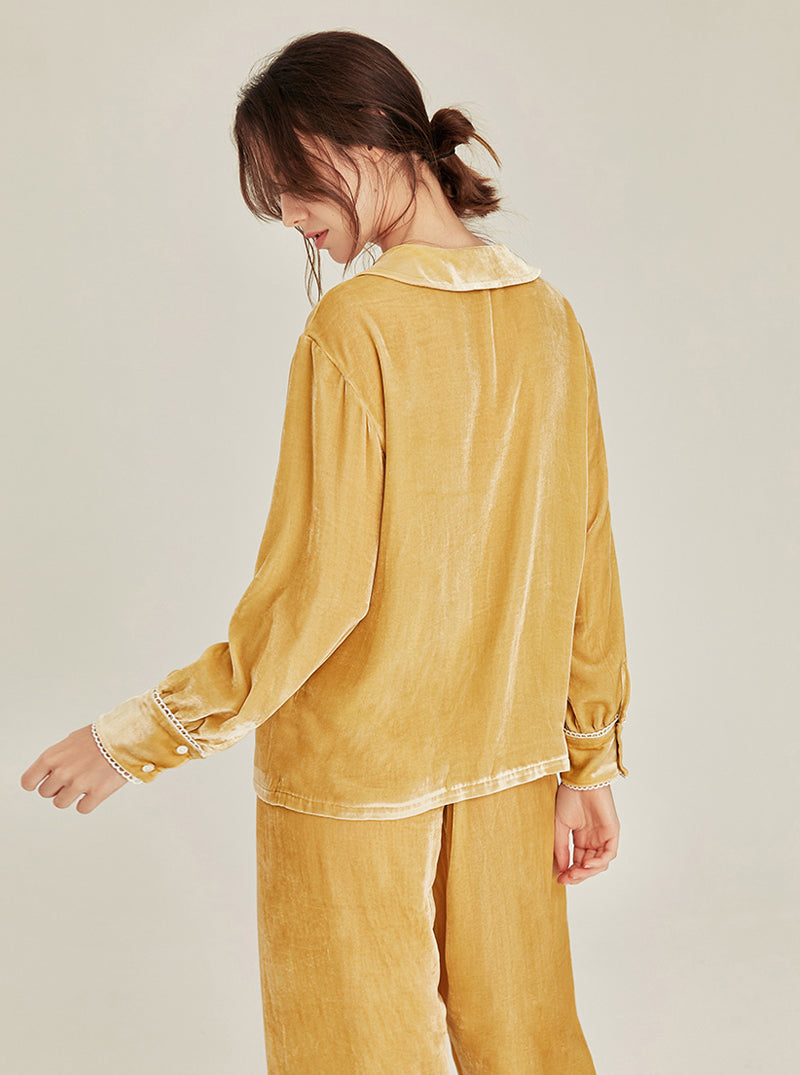 Autumn Winter Female Silk Velvet Matching Pajamas Simplicity Pure Color Cute Doll Collar Lace Edge Long Sleeve Two-Piece Set