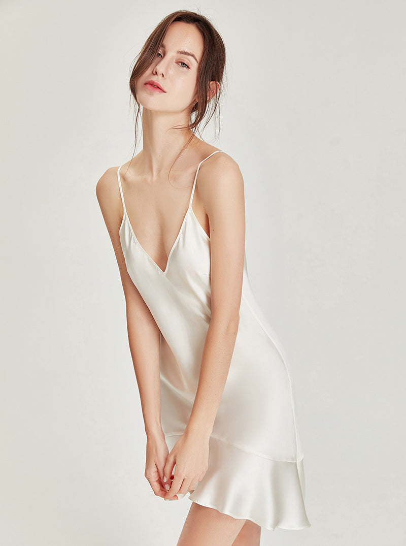 Summer Silk Pure Color Simplicity Sexy V Collar Splicing Irregular A-shaped Big Hem Sling Short Nightdress
