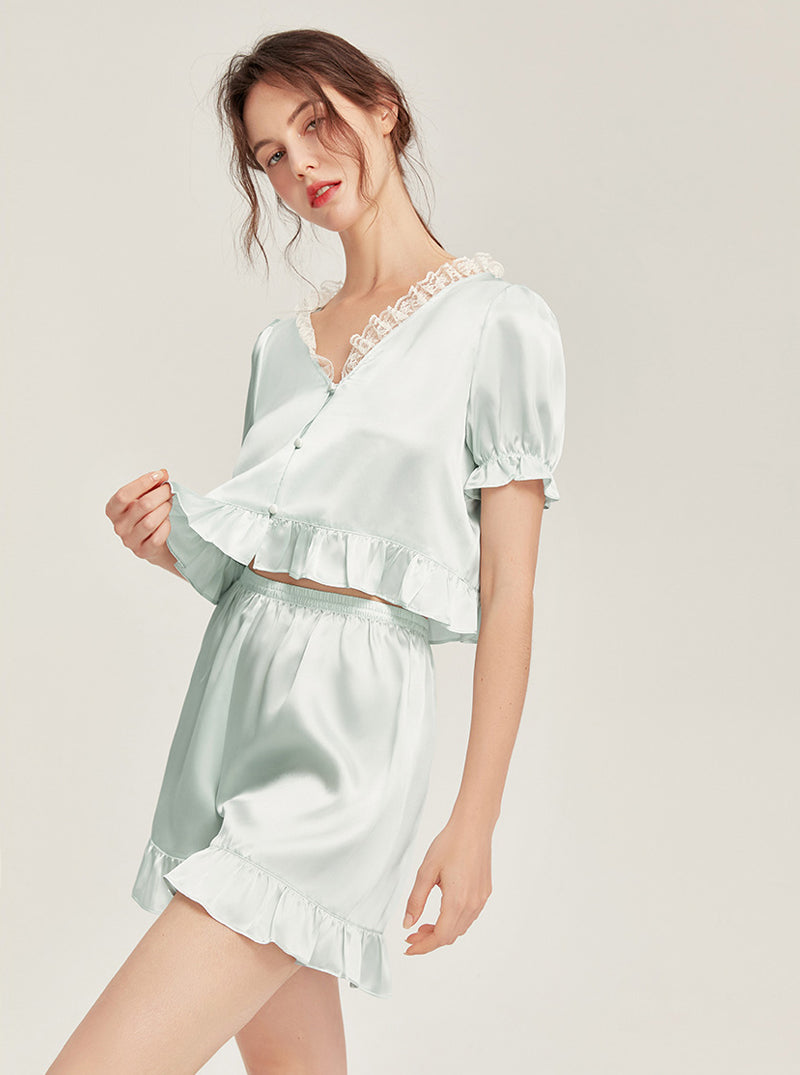 Silk Summer Female Lace V-Neck Ruffle Hem Elegant Simple Romance Gentle Sweet Comfort Sexy Youth Solid Color Short Sleeve Two-Piece Pajamas