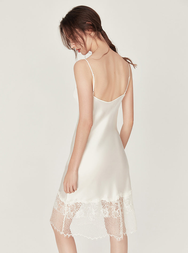 Silk Sexy Summer Advanced Sense Pure Color V Collar Lace Stitching Hem Sling Nightdress Female