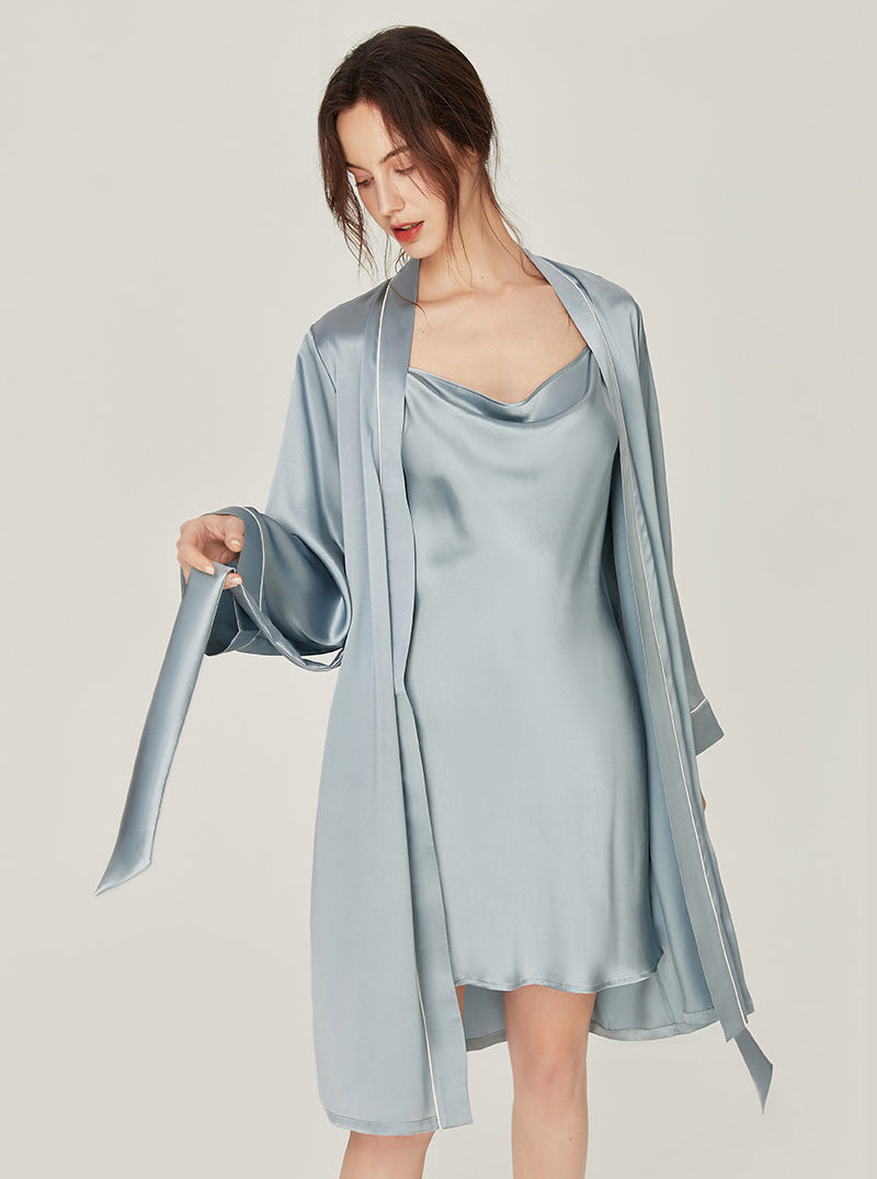 Silk Wedding Morning Robe V Collar Advanced Sense Simplicity Pure Color Medium Length Night-Robe Female