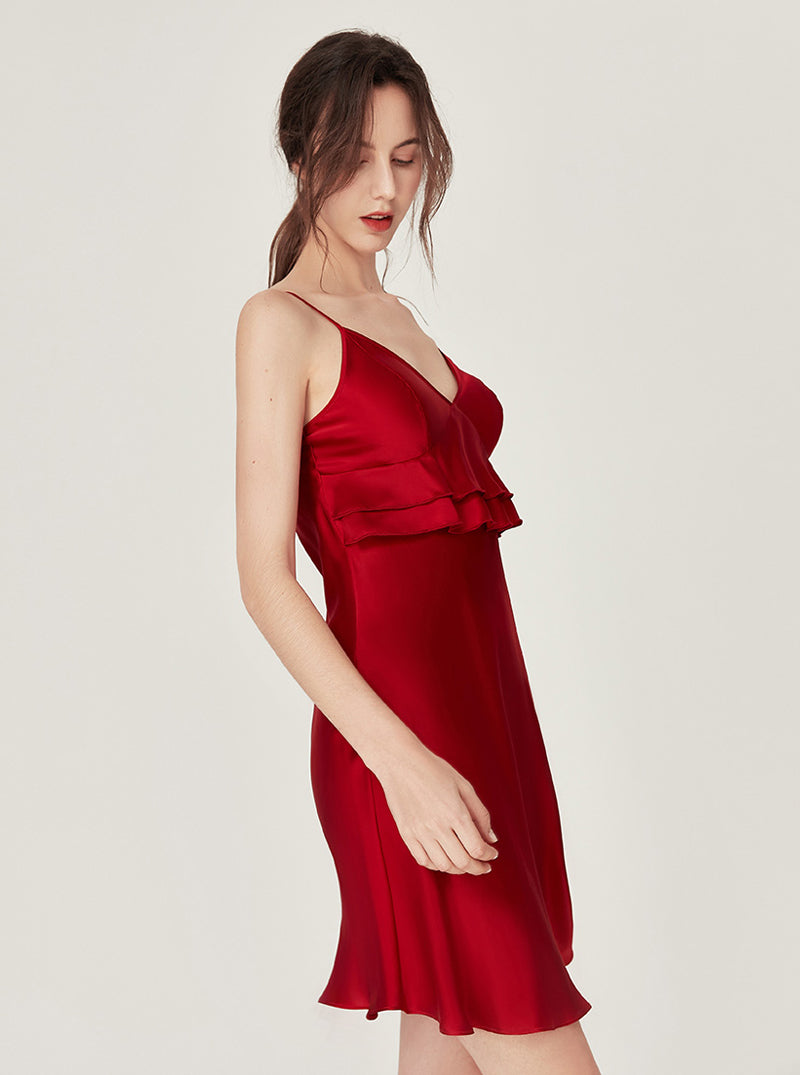 Silk Sweet Sexy V Collar Double Ruffle Design Sling Short Nightdress With Chest Pads