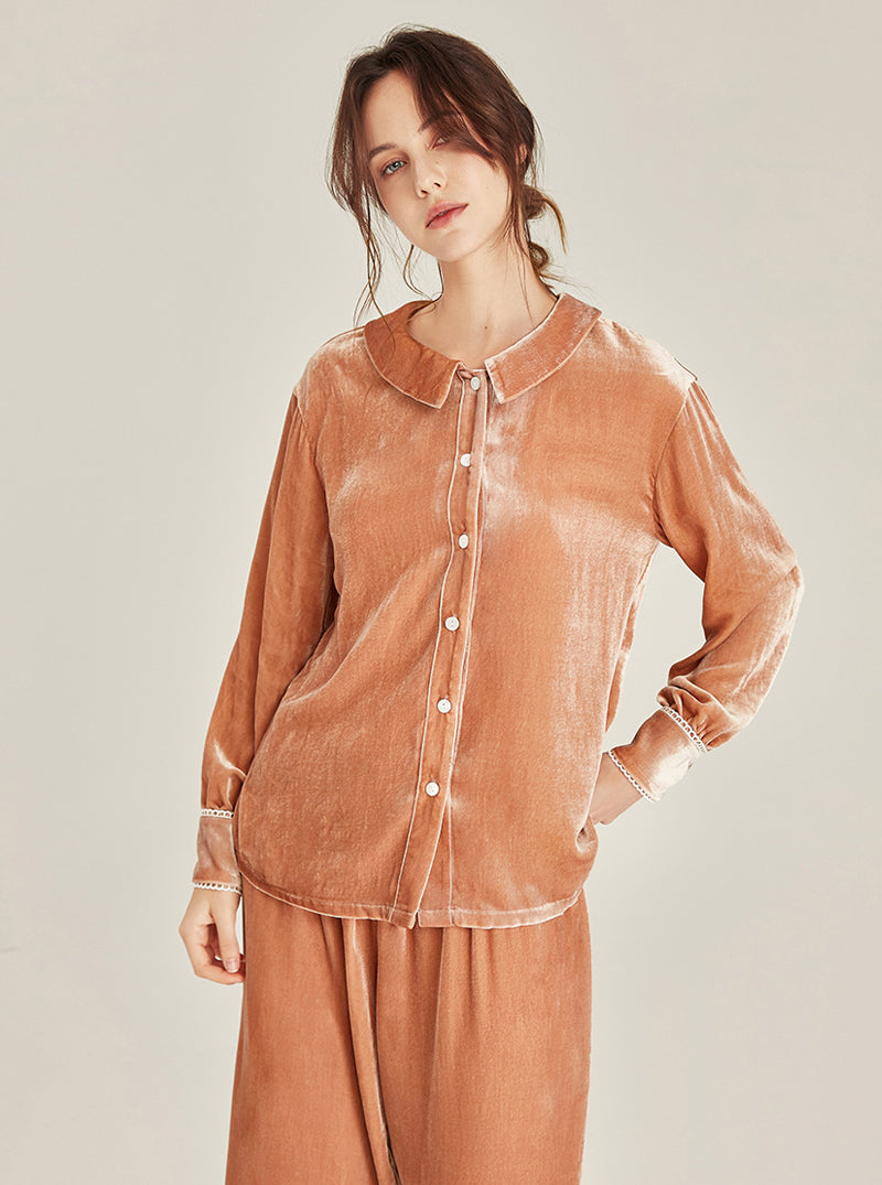 Autumn Winter Female Silk Velvet Matching Pajamas Simplicity Pure Color Cute Doll Collar Lace Edge Long Sleeve Two-Piece Set