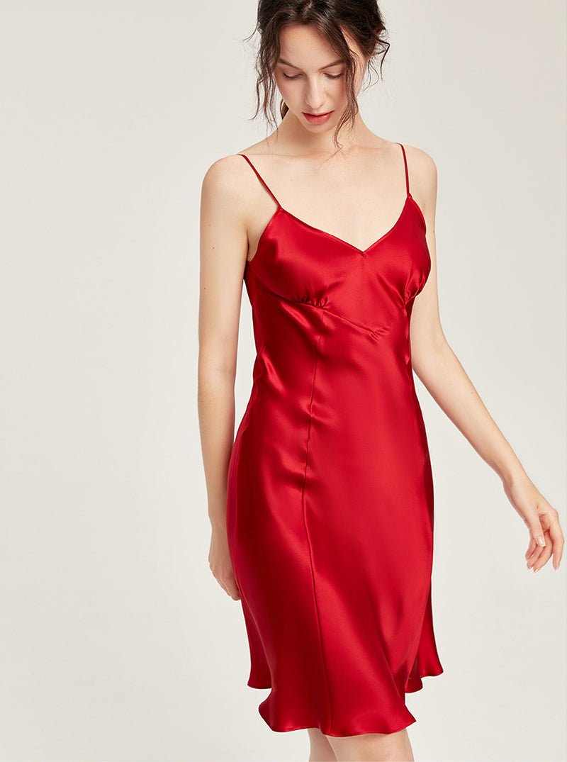 19 Momme Silk Summer Female V Collar Simplicity Splicing Design Advanced Sense Elegant Sexy Pure Color Sling Nightdress