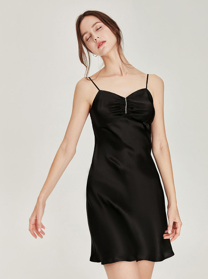 Summer Pure Color Silk Sexy Fold Design V Collar Sling Thin Short Nightdress Female