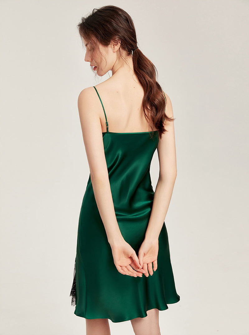 19 Momme Silk Multi-Buttons V Collar Splicing Lace Slit Hem Sexy Sling Nightdress Summer Female