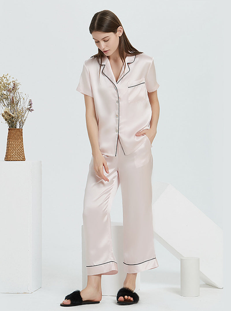Suit Collar 19 Momme Silk Female Summer Multiple Colors Simple Classic Comfortable Short Sleeve Pants Pajamas Two Piece Set