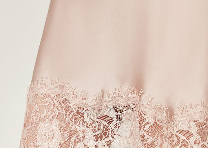 Silk Sexy Summer Advanced Sense Pure Color V Collar Lace Stitching Hem Sling Nightdress Female