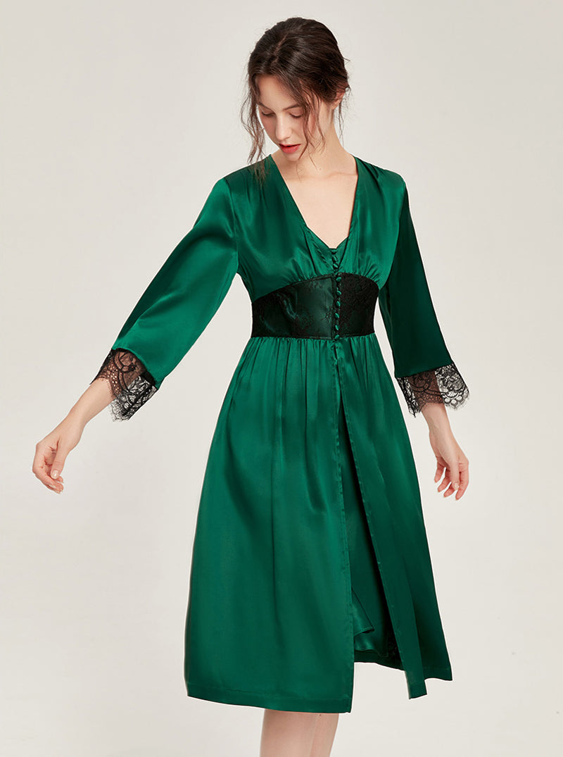 Silk Spring And Autumn Female V-Neck Waist Lace Long-Sleeved Sexy High-End Retro Elegant French Solid Color Pajamas