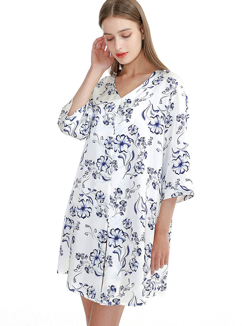 Silk Multicolor Summer Female V-Neck Sexy Casual Simple Solid Color Printed Mid-Sleeve Nightdress