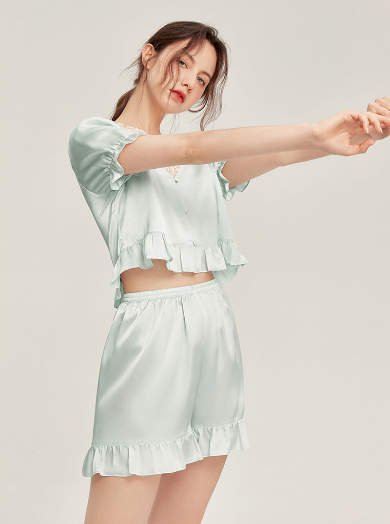 Silk Summer Female Lace V-Neck Ruffle Hem Elegant Simple Romance Gentle Sweet Comfort Sexy Youth Solid Color Short Sleeve Two-Piece Pajamas