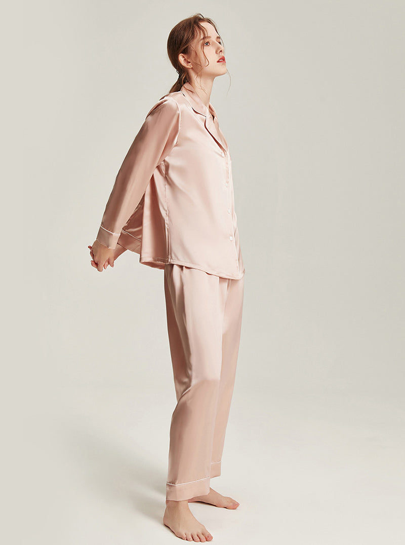 22 Momme Silk Summer Female Fashion Small Lapel Simple Soft Comfortable Youthful Temperament Various Colors Classic Long Sleeve Two-Piece Pajamas