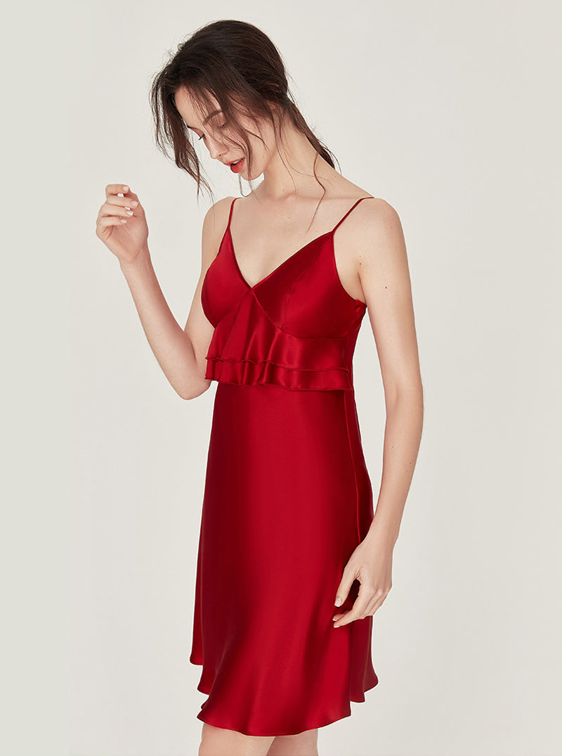 Silk Sweet Sexy V Collar Double Ruffle Design Sling Short Nightdress With Chest Pads
