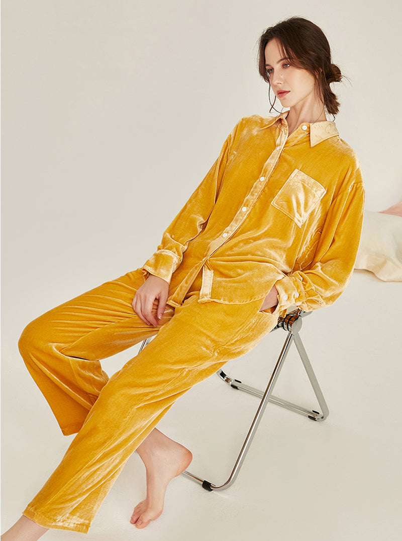 Velvet Multicolor Female Autumn And Winter Shirt Collar High Fashion Warm Chic Retro Long Sleeve Pajamas Two Piece Set