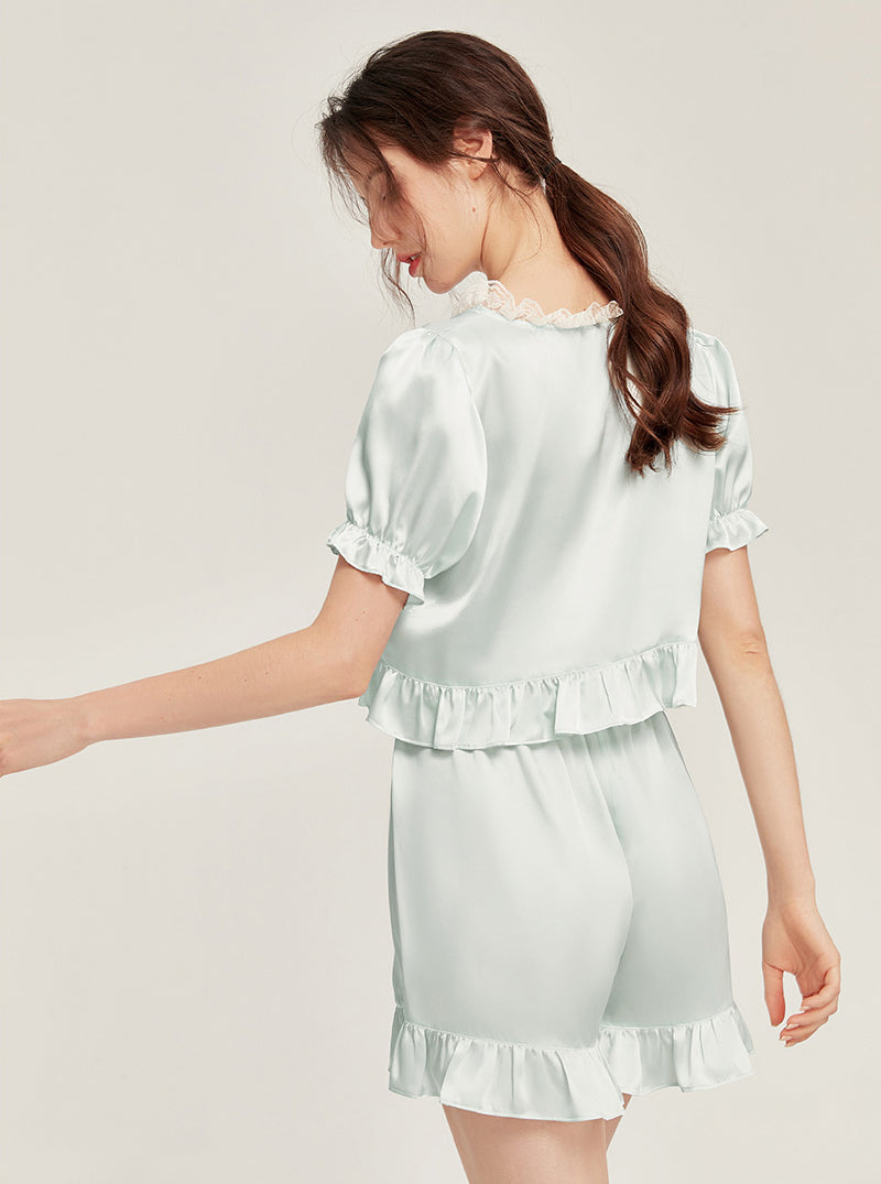 Silk Summer Female Lace V-Neck Ruffle Hem Elegant Simple Romance Gentle Sweet Comfort Sexy Youth Solid Color Short Sleeve Two-Piece Pajamas