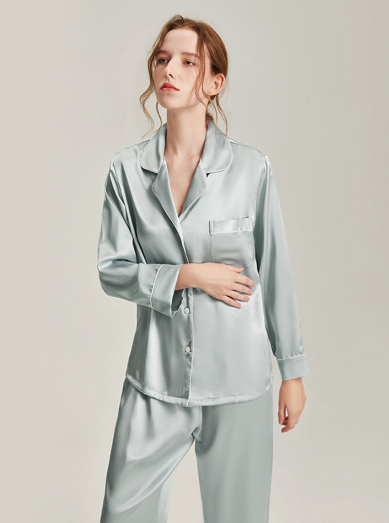 22 Momme Silk Summer Female Fashion Small Lapel Simple Soft Comfortable Youthful Temperament Various Colors Classic Long Sleeve Two-Piece Pajamas