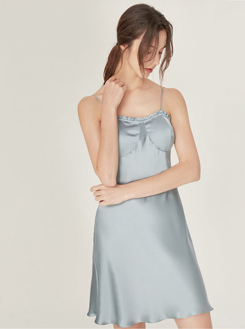 Silk Summer Female Sexy Simplicity Ruffle Edge Collar Slim Sling Short Nightdress With Chest Pads