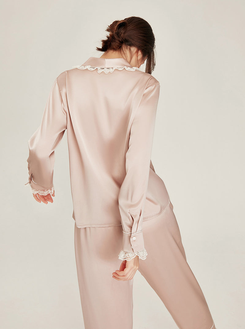 Silk Autumn Matching Pajamas Female Cute Ruffle Lace Lapel Collar Long Sleeve Advanced Sense Two-Piece Set