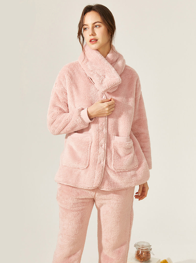 Winter Thickened Warm Pajamas Female Coral Velvet V Collar Long Sleeve With Scarf Can Be Worn Outdoors Set