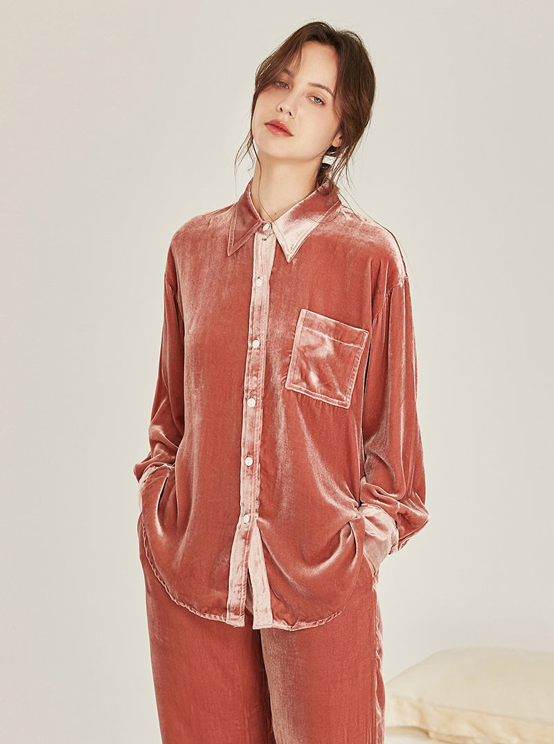 Velvet Multicolor Female Autumn And Winter Shirt Collar High Fashion Warm Chic Retro Long Sleeve Pajamas Two Piece Set