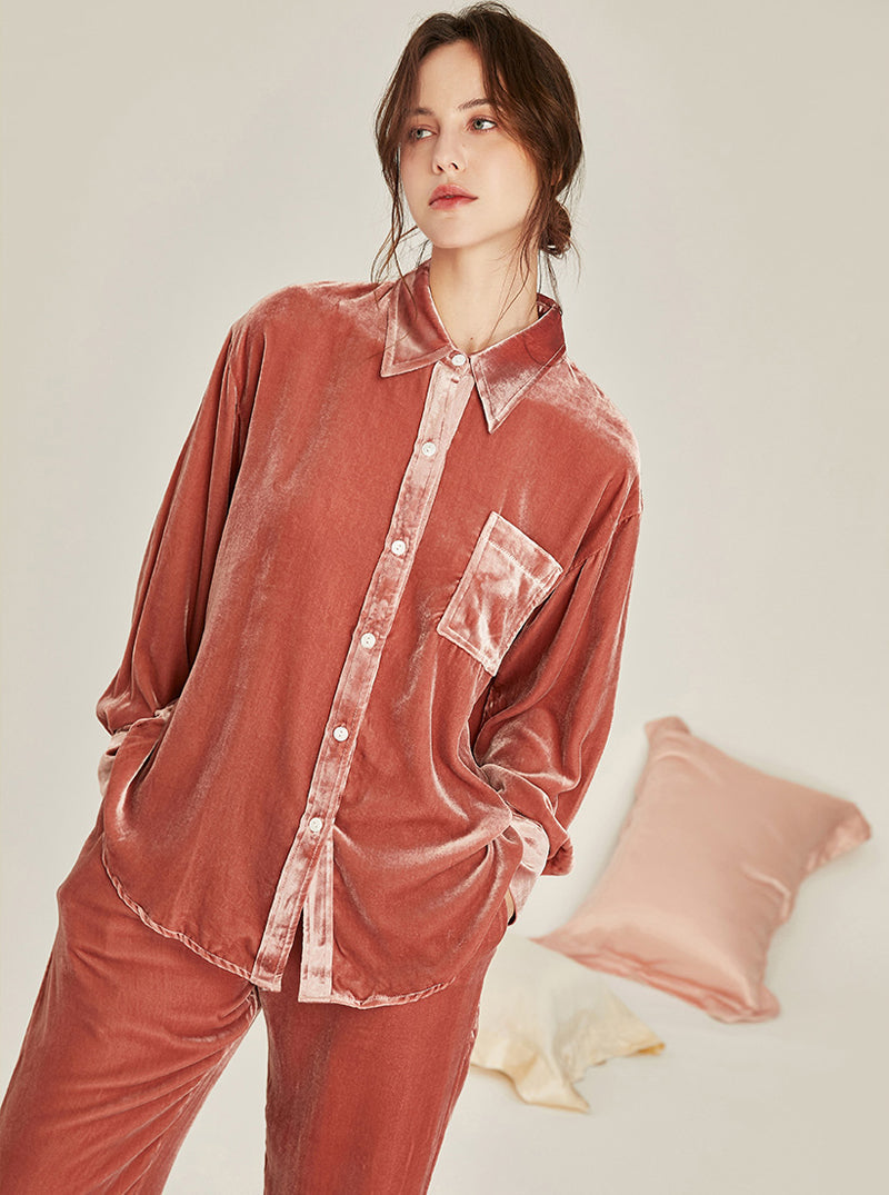 Velvet Multicolor Female Autumn And Winter Shirt Collar High Fashion Warm Chic Retro Long Sleeve Pajamas Two Piece Set
